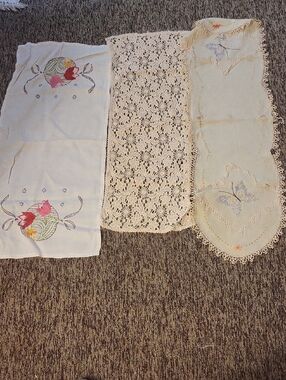 Set of 3 Vintage Lace & Embroidered Table Runners - Cream & White